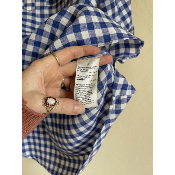 Chico's Size 0/Small/US 4 Blue White Buffalo Plaid Gingham No Iron 100% Linen Po - Picture 6 of 10